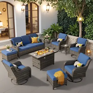 OVIOS 10-Piece Outdoor Patio Furniture Set with 42" Rectangle Fire Pit Table & Swivel Rocking Chairs, All-Weather Wicker Sofa Set with Cushions for Backyard Patio Porch Deck Garden Outdoor Seating