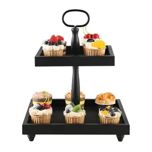 Rustic Wooden Tiered Tray Stand, 2-Tier Decorative Tray with Bead Garland, Farmhouse Serving Tray, for Coffee Bar Centerpiece, Home Decor, Housewarming Gifts (Black, Rectangular)