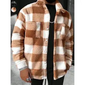 Men's Loose Soft Plush Checkered Shirt Jacket, Chessboard Thick Lamb Wool Coat, Winter Comfortable Flannel Shirt Overcoat, Street Style