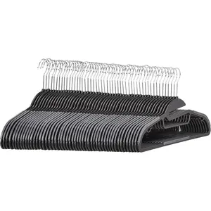 Non-slip Heavy Duty Plastic Hanger with Rubber and Horizontal Bar, Pack of 50, Gray
