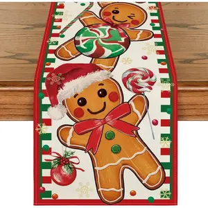 Gingerbread Candy Cane Christmas Table Runner, Seasonal Winter Kitchen Dining Table Decoration for Home Party Decor 13x72 Inch