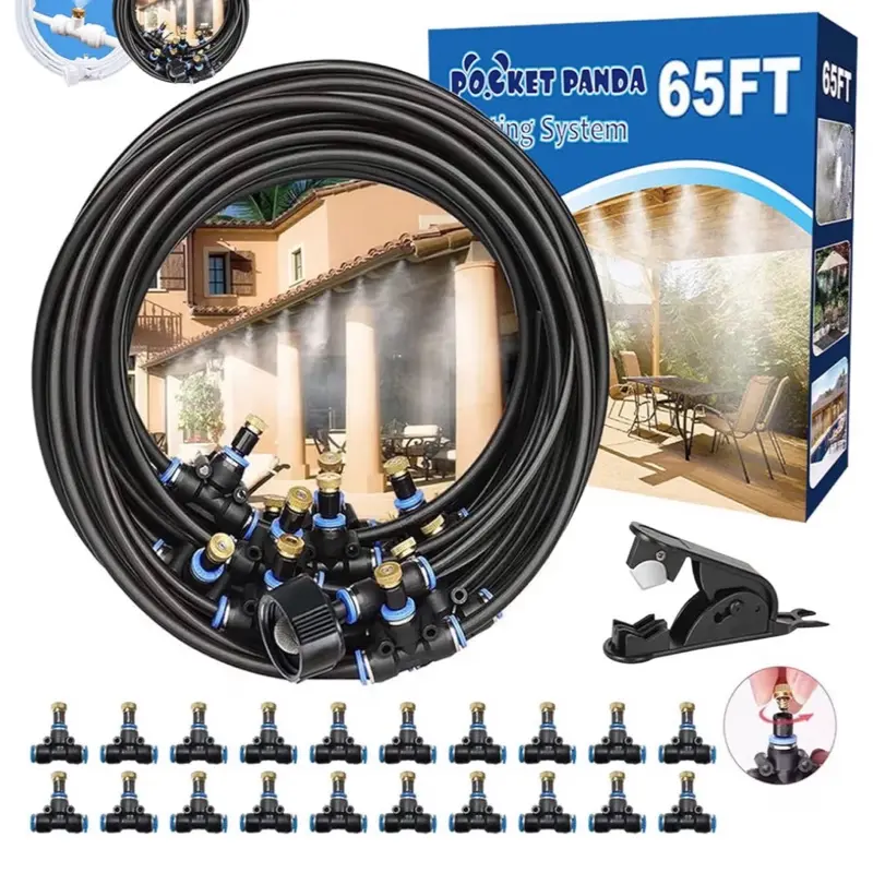 Misters for Outside Patio, 65FT|20M Outdoor Water Misting Cooling System. Backyard Mist Kit for Garden Greenhouse Fan Deck Umbrella Canopy Pool Porch Trampoline Sprinkler Park BBQ Party Accessories