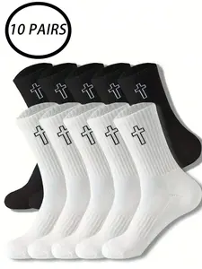 10 Pairs Cross Pattern Mid-Calf Socks, Dark Trendy Style, Breathable Sweat-Absorbing, Streetwear for Men & Women Daily Wear, Tube Socks