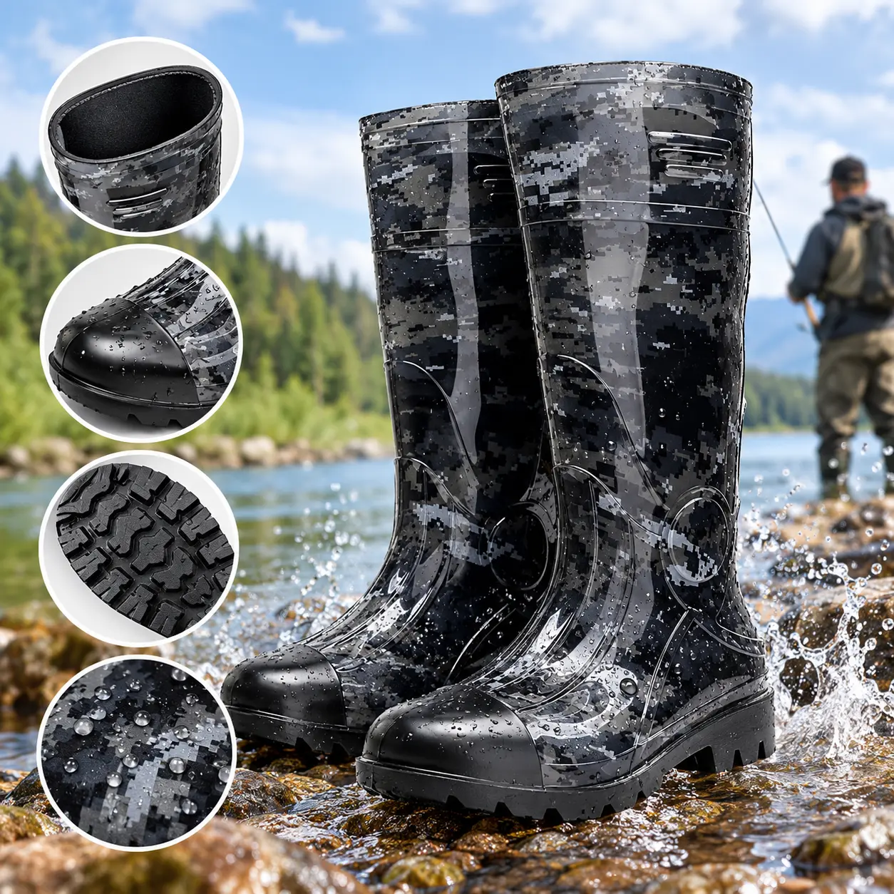 Men’s Waterproof Camouflage Rain Boots | High Top Rubber Boots with Non-Slip Lug Sole, Easy Pull-On Outdoor Work Boots for Fishing, Gardening, Farming, Hunting & Rainy Days