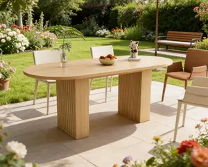 Oval Dining Table for 6 People, 62.9 Inch Farmhouse Kitchen Table with Wood Strip Base, Large Round Pedestal Dining Room Table for Living Space, Natural Finish