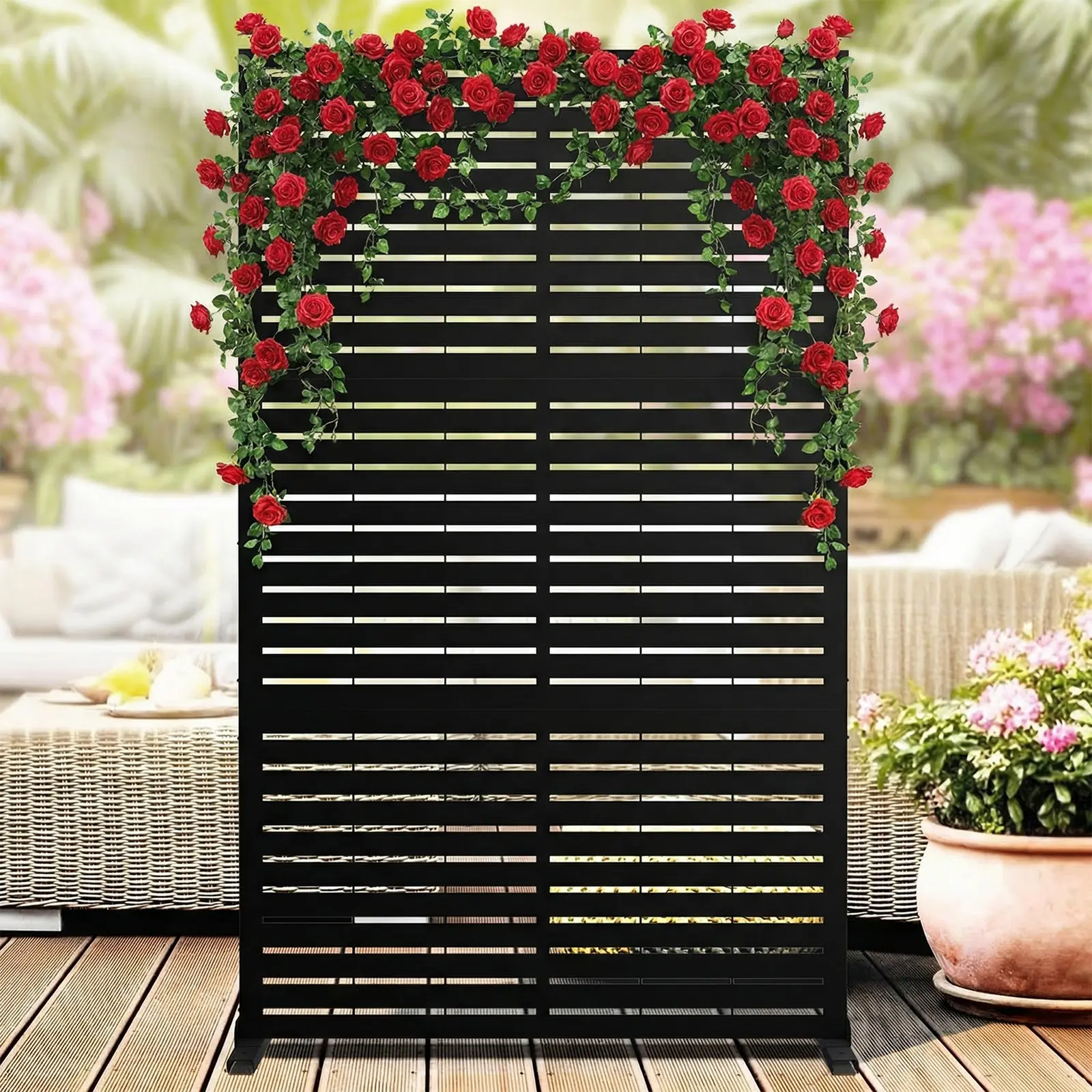 Metal Privacy Screen 78" h×48" w, Outdoor Freestanding Decorative Privacy Fence Panel with Stand, Weatherproof Steel Room Garden Divider for Patio Garden Balcony Backyard Deck Landscape