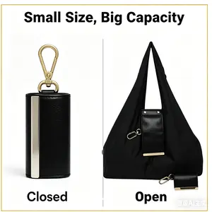 Women's Foldable Keychain Tote Bag Expandable Mini Leather Handbag with Key Ring Lightweight Portable Tote Purse for Daily Use