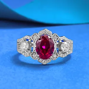 Vintage Simulation Ruby Engagement Ring for Women, Oval Red Gemstone with White zircon Halo, S925 Sterling Silver Promise Ring, Anniversary Jewelry Gift