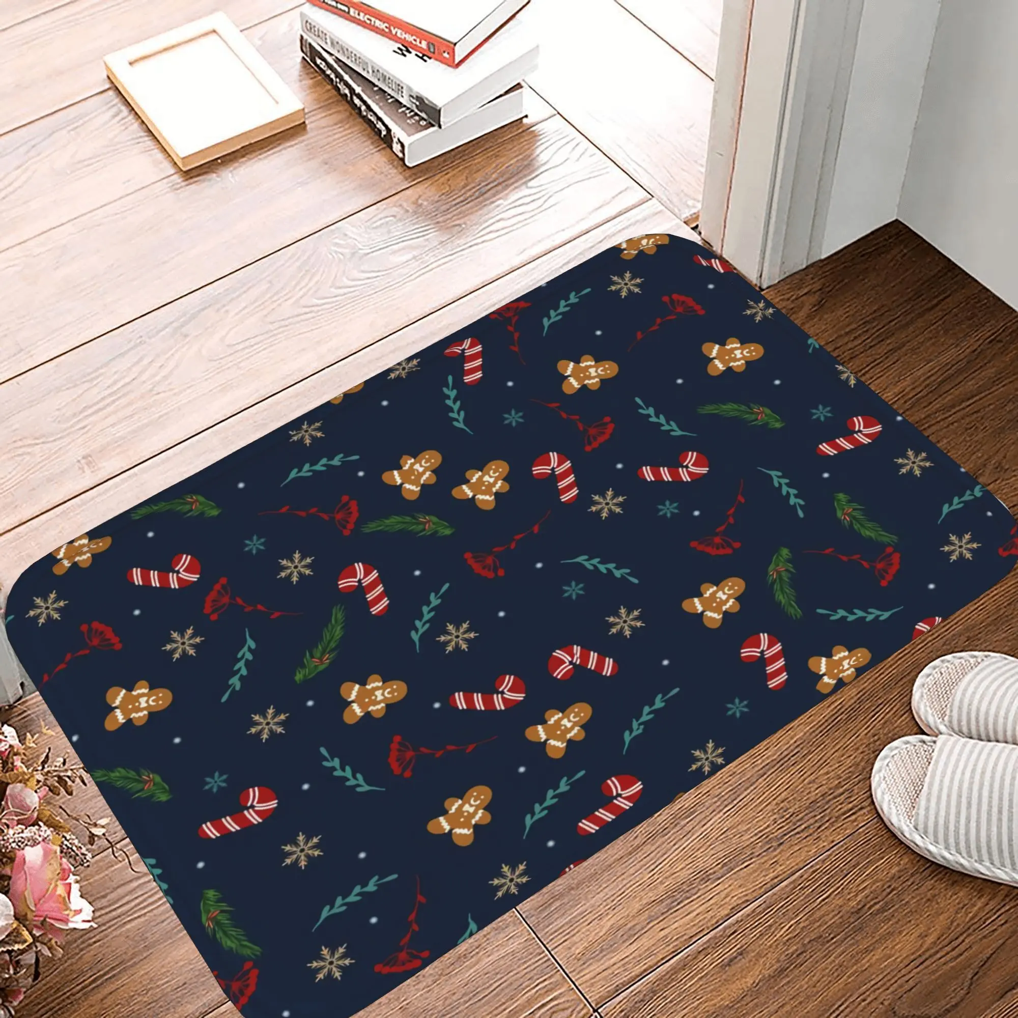 Festive Gingerbread & Candy Cane Holiday Doormat   Non Slip, Absorbent Welcome Mat for Entryway, Kitchen, Bath   16x24 Inch Christmas Decor