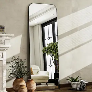 57"x20" Full Length Mirror Full  Mirror Top Rounded Corner  Frame Hanging or Leaning Wall Floor Mirror with Stand for Living Room Bedroom Cloakroom,Black