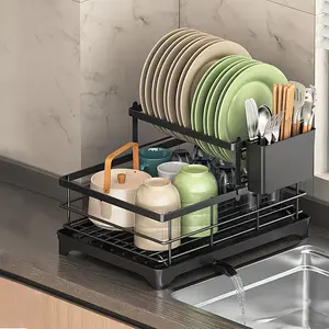 2-Tier Dish Drying Rack - Stainless Steel Dish Rack with Cutlery & Utensil Holders for Kitchen Counter, Sink Organization and Storage Essentials, Home Decor, 16.5" W x 13.8" L x 9.4" H, Black