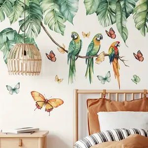 Tropical Leaf Parrot Wall Sticker, Plant Leaf Butterfly Bird Wall Sticker, Suitable for Bedroom Bathroom Kitchen Decor