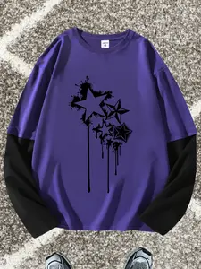 Women's Star Geometric Print Loose Fit Long Sleeve Round Neck T-Shirt, Fashion Street Style Casual Top, Comfortable Trendy Gift