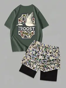 Two-Piece Set Men's Camo Print Short Sleeve Tee & Camo Print Shorts Set, Regular Fit Casual Round Neck T-shirt & Shorts, Men's Summer Clothes