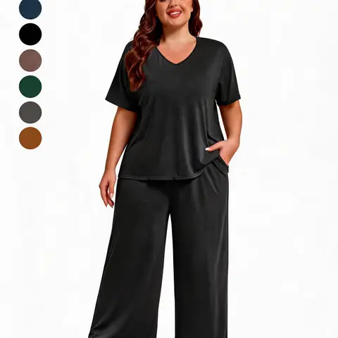 Clearance Sale - FEREMO Women's Plus Size 1XL-5XL 2-Piece Pajama Set, Basic Soft Rayon Fabric, Comfortable Elegant Nightwear, V-Neck Loose-Fitting Loungewear with Wide-Leg Pants & Pockets, Lightweight Breathable, Machine Washable, All Seasons #sohochic