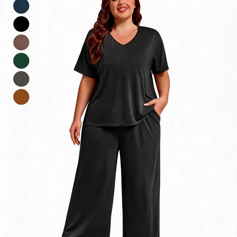 Clearance Sale - FEREMO Women's Plus Size 1XL-5XL 2-Piece Pajama Set, Basic Soft Rayon Fabric, Comfortable Elegant Nightwear, V-Neck Loose-Fitting Loungewear with Wide-Leg Pants & Pockets, Lightweight Breathable, Machine Washable, All Seasons #sohochic