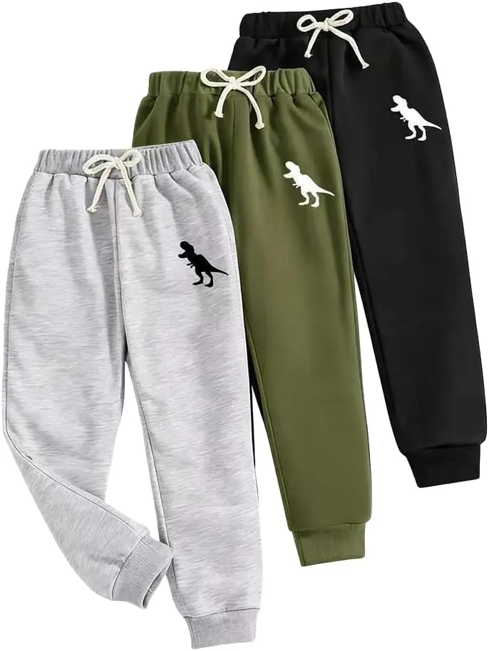Nivne Tco Toddler Boys 3pcs Pants Set Dinosaur Graphic Print Bowknot Rope Decor Jogger Pants Elastic Waist Sweatpants
