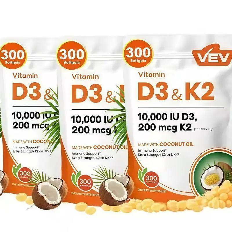 VEV 2-in-1 Vitamin Supplement D3 10000 IU & K2 200 mcg with Virgin Coconut Oil 300 Softgels for Immune Support Extra Strength MK-7