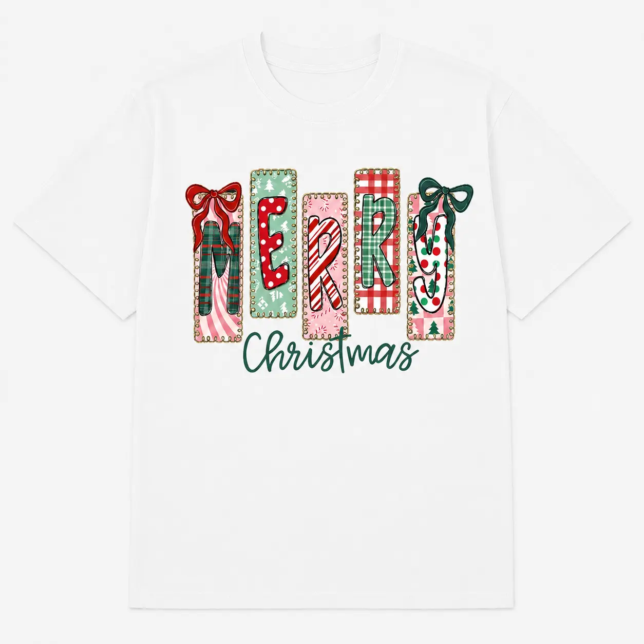 Christmas Graphic Tee - Holiday Party Shirt With Ribbon Bow Detail, Merry Christmas Cotton T-Shirt, Short Sleeve Crewneck Holiday Top for Women