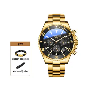 VEADONS Deep Sea Series Men Gold Stainless SteelWatch, Chronograph Calendar Luminous Dial, 30M WaterResistant Diving Wristwatch, Free Charm Bracelet &Adjuster Tool, Luxury Business Sport Watch For Male Gift