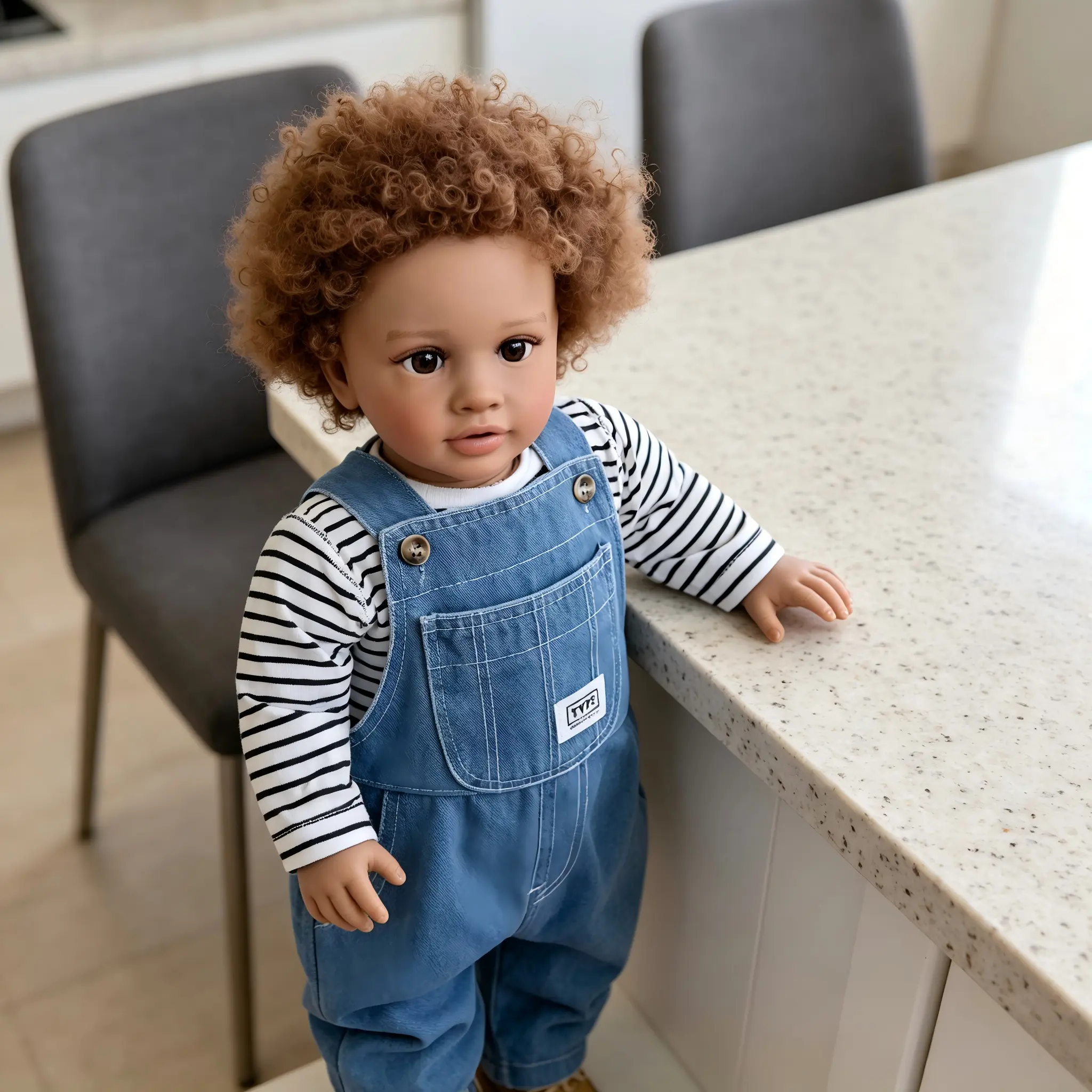 American-Africa Pippa 26-Inch Big Size Reborn Toddler Doll with Rooted Brown Curly Hair, Brown Eyes, Soft Cloth Body, Vinyl Limbs, Denim Overalls Outfit and Feeding Set, Reborn Baby Doll Trendy Dolls Soft Weighted Dolls