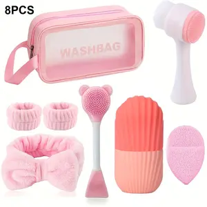 8-Piece Facial Cleaning Beauty Spa Tool Set, Deep Clean Exfoliating Face Scrubber Brush Mask Brush, Soft Velvet Hair Band, Silicone Face Brush, Facial Cleansing Instrument, Gift for Women