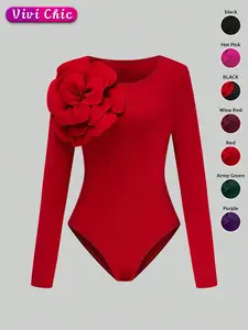 Women's Plain Solid Floral Decor Bodysuit, Elegant Long Sleeve Bodysuit for Party Holiday Vacation, Ladies Clothes for All Seasons Spring