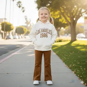 Must-Have Girls Matching Hoodie & Pants Set | Chic Kids Los Angeles 1986 Graphic Sweatshirt & Cozy Brown Flare Leggings | Everyday Playtime & School Outfit for Toddlers & Little Girls