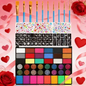 Body Oil Paint Palette, Kids Party Face Paint, Non-Toxic Water-Activated Body Paint, Professional Makeup Palette with Stencils, Brushes, Gems – for Halloween Costume Parties