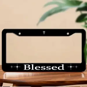 Blessed License Plate Frame – Christian Car Tag with Cross | Black Metal Auto Accessory Gift