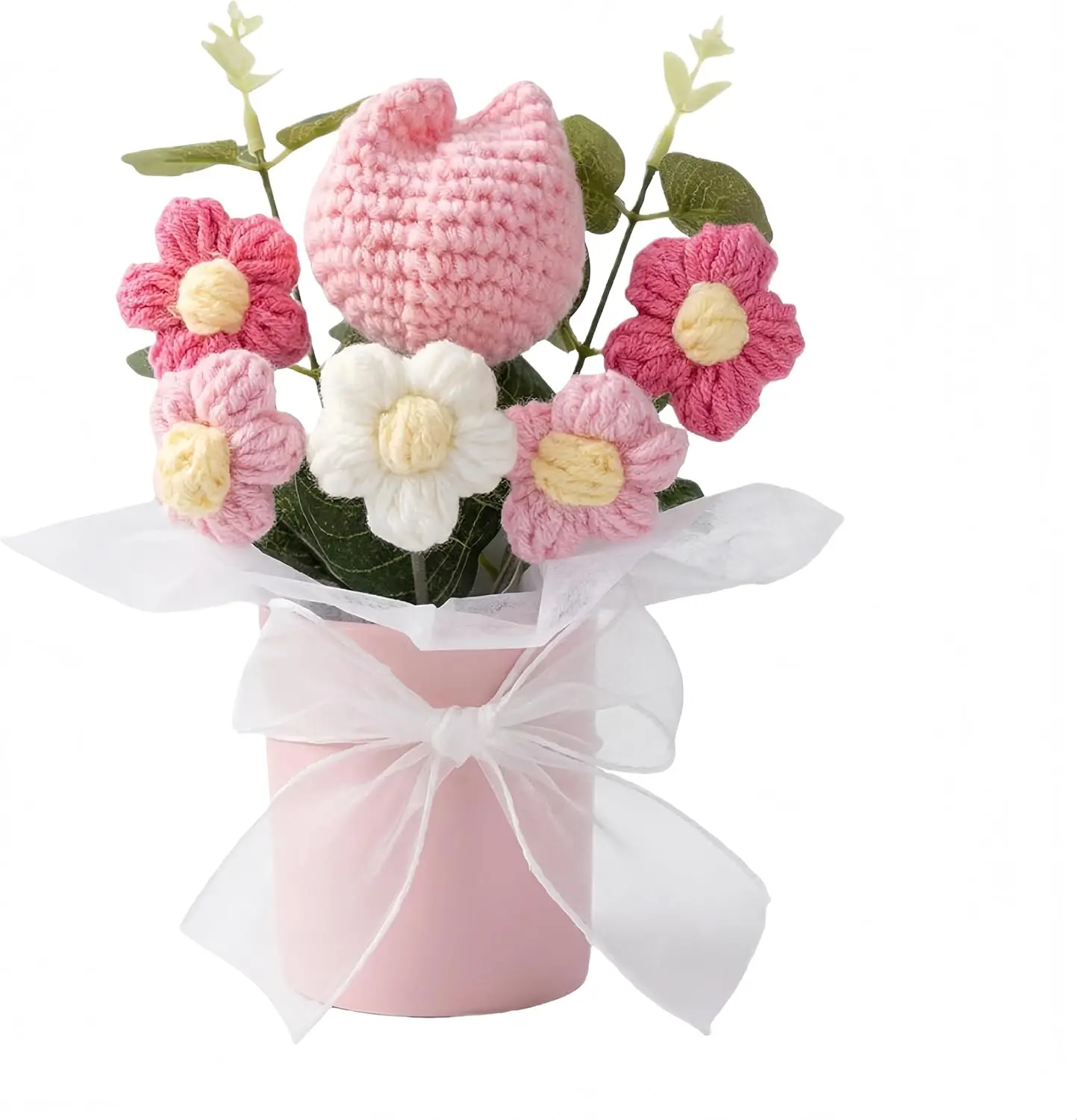 Small Handmade Crochet Tulip Flower Bouquet Desktop Decor Gift For Women | Skin-friendly, Odor-free yarn, Pollen-free, Hypoallergenic, Great for Birthday, Mother's Day, Daughter & Grandma Gifts