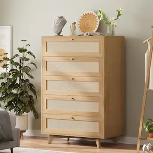 AOGLLATI Rattan Dresser for Bedroom with 5 Drawers, Dressers & Chests of Drawers with Natural Rattan,Wooden Tall Dresser for Bedroom, Hallway, Entryway,Wood