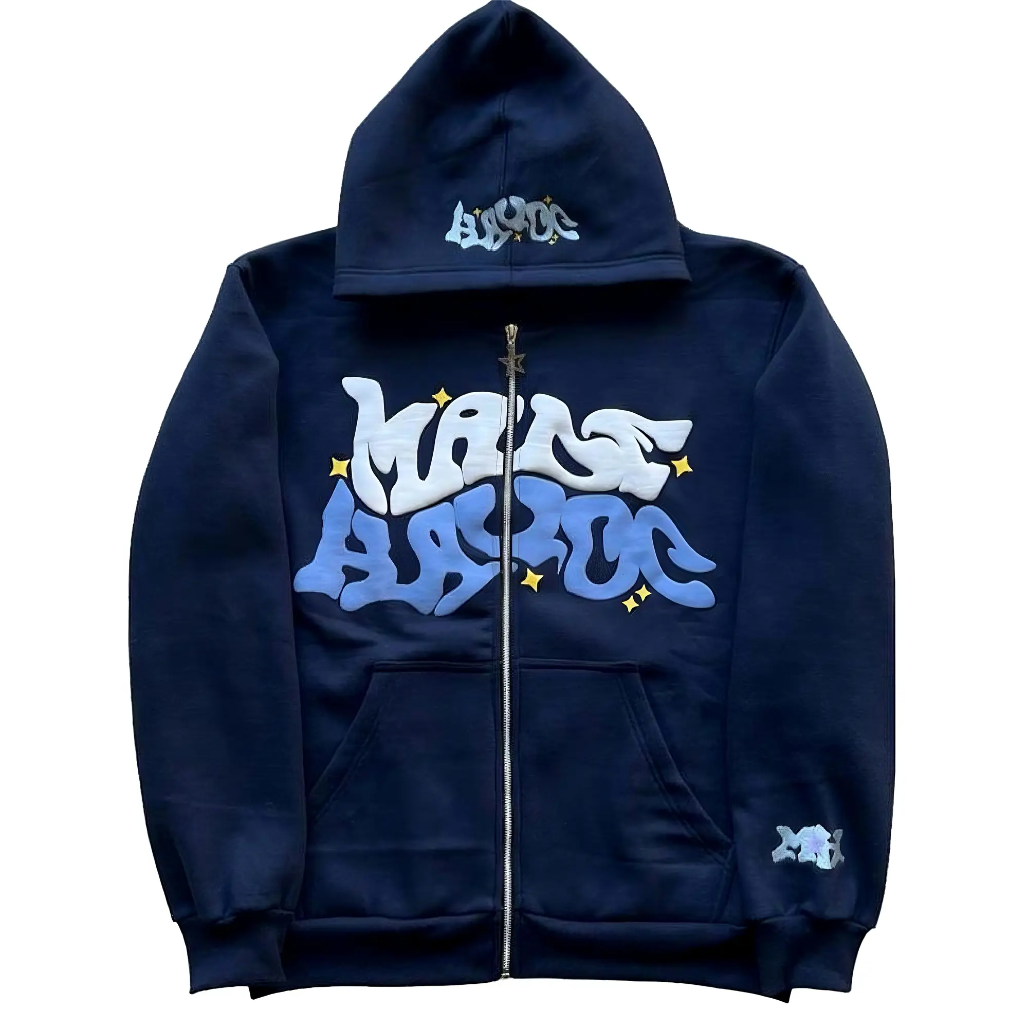 Streetwear Oversized Grunge Puff Print Zip Up Hoodie For Men & Women | Motocross Blue Casual Loose Fit Sweatshirt Jacket