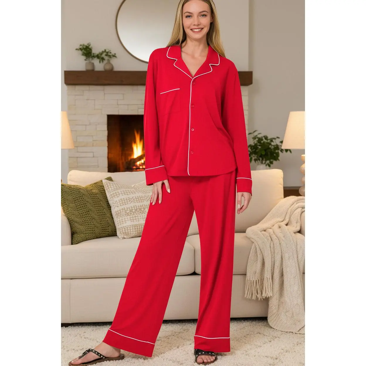 Women's 2-Piece Pajama Set, Soft Solid Rayon Spandex Blend Nightwear with Button-Down Long Sleeve Shirt and Full Length Pants