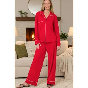 Zenana Button Down Long Sleeve Shirt and Pants Pajama Set