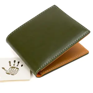 PEGAI Malcolm Leather Wallet Italian Veg-Tan Green & Mustard Handcrafted in Ubrique Spain Full-Grain Vegetable-Tanned with Ibiza Orange Lining