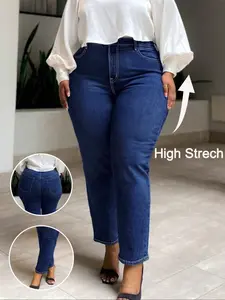 Women's Loose-Fitting High Waisted Stretch Denim Jeans, Elastic Straight Leg Pants, All-Season Comfortable Design, Plain Pattern, Perfect Fit