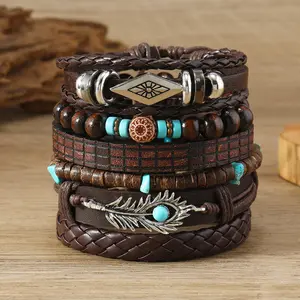 Vintage Bohemian Style Bracelet Set - PU Leather Wristbands with Turquoise & Feather Charms, No Mosaic Material - Stackable Unisex Jewelry - 6 Piece Set