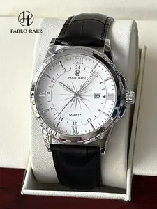 Luxury Men's Quartz Watch, Business Fashion Watches, Stainless Steel Case, Leather Strap, Luminous Hands & Markers, Waterproof, Business Style