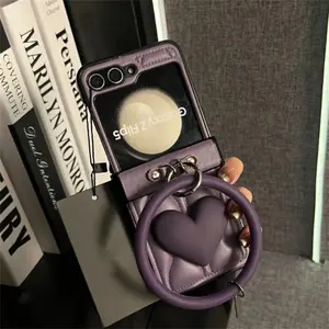Korean Wave Down Jackets Heart Purple Phone Case with Ring Bracelet for Samsung Galaxy Z Flip 7 6 Z Flip6 ZFlip 5 Zflip6 Cover