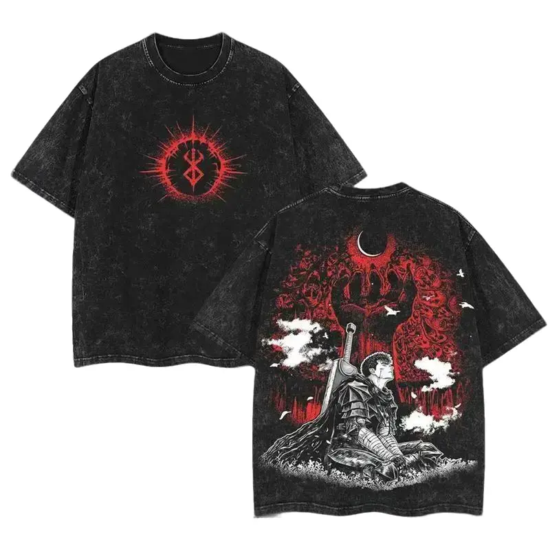 [BT] Vintage Washed Oversizedshirts Berserk Dark black Knight Guts wolf armor v17 goth dark anime manga game dark gothic 2 sided Washed Tshirt Soft graphic t-shirts fantasy streetwear streetwear lover graphic tee