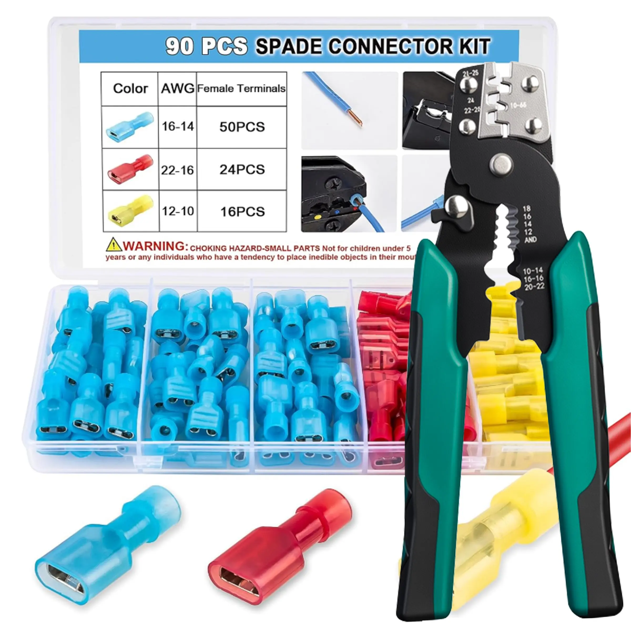 90-Piece Terminal Crimping Tool Set, Tool Kit Set, Nylon Fork Wire Connectors, Fits 12-10, 16-14, 22-16 Awg Wires, Fast Release Fully Insulated Terminals