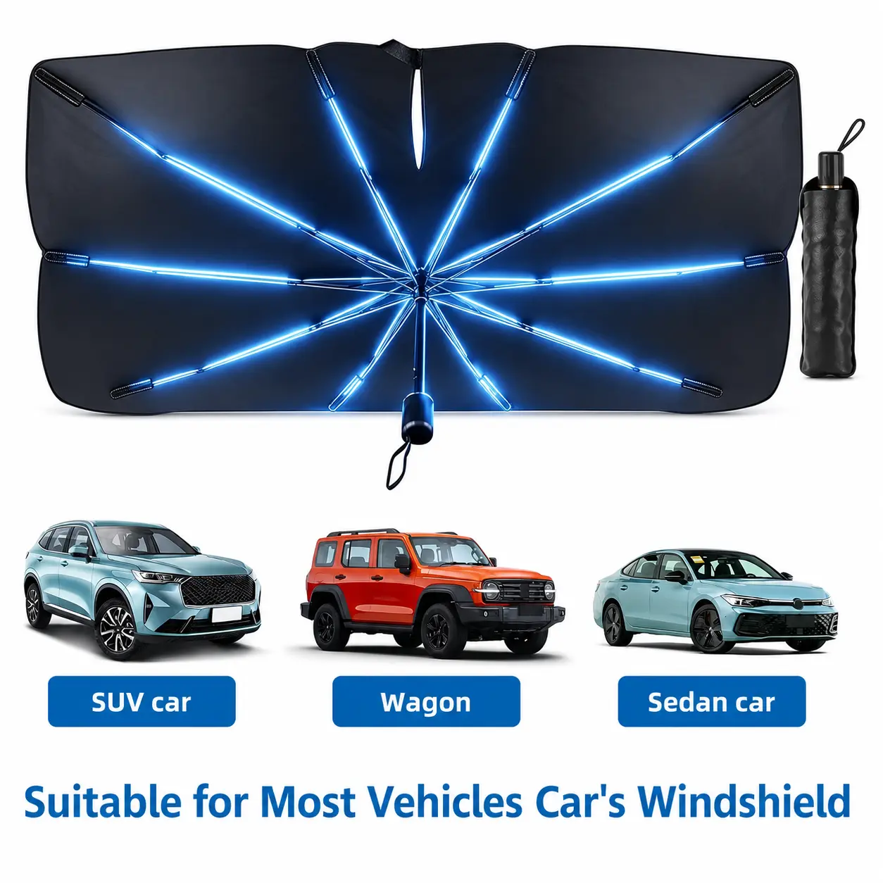 Foldable Windshield Sun Shade Umbrella, UV-Blocking Heat Shield with Reinforced Spring Edge, Keeps Car Interior Cool and Protects Dashboard, Medium 55" × 31"