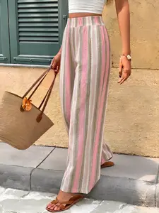 Women's Vertical Striped Wide Leg Pants, Ladies High Waist Drawstring Loose Trousers, Casual Striped Summer Long Pants, Boho Beach Wear Flowy Bottoms, Lightweight Striped Slacks, Casual Palazzo Pants