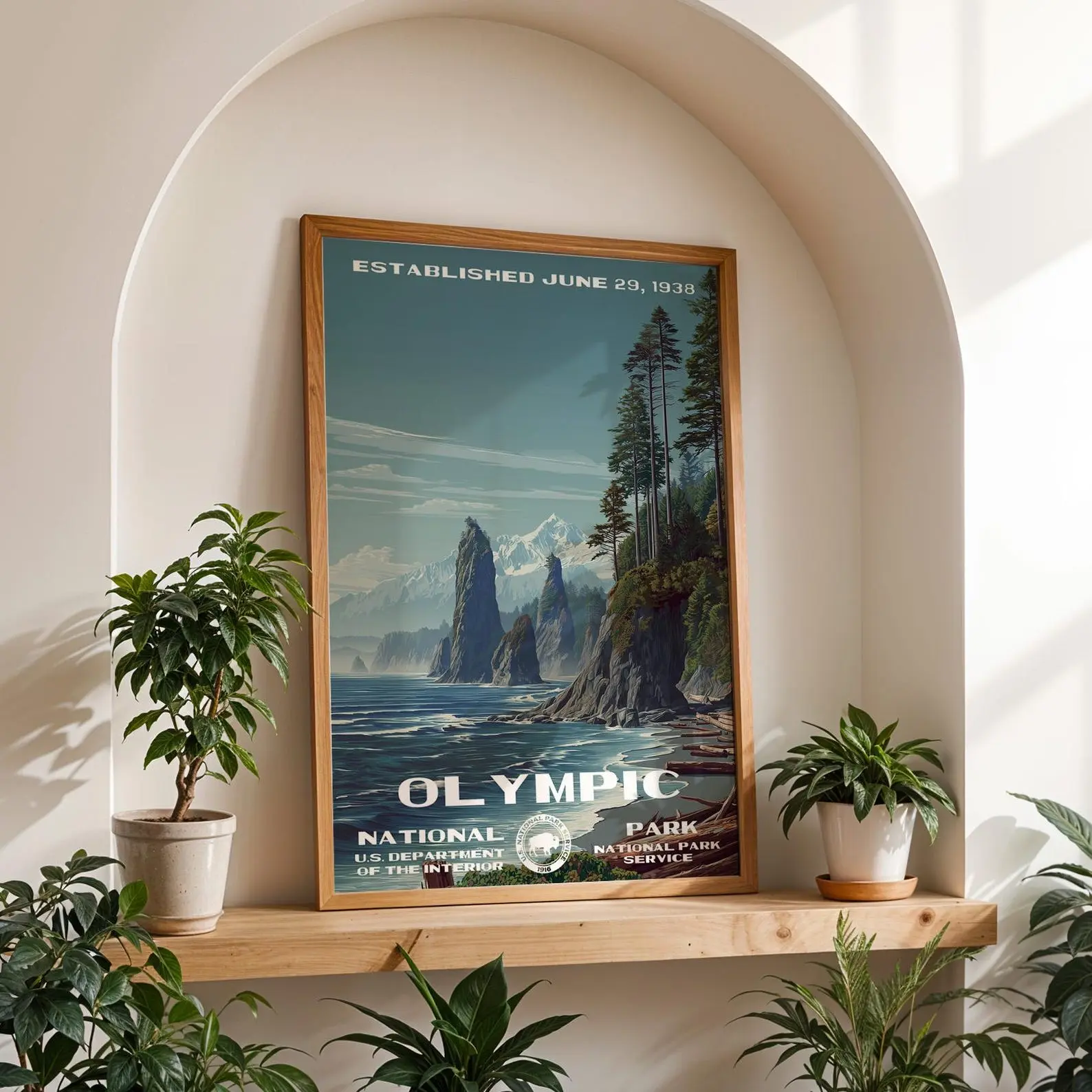 Olympic National Park Poster, Retro Washington Coastal Print, Sea Stack Beach Decor, Unframed Travel Art