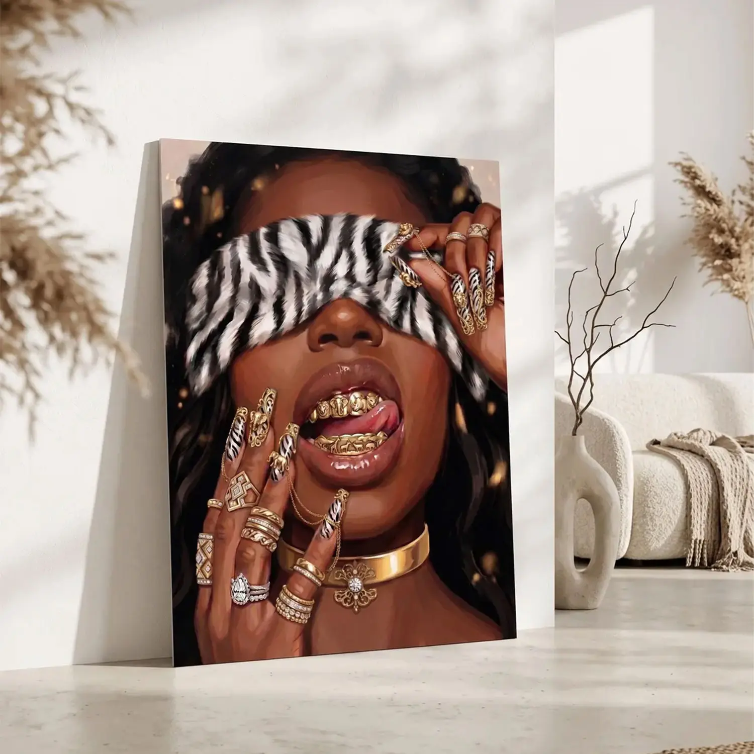 Black Girl Zebra Wall Art Print, Luxury Fashion Afro Grillz Art, Trendy Printable Poster, Bedroom Decor