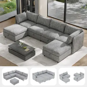 Indoor L-Shaped Chenille Modular Sectional Sofa Set - 4-8 Seat, Convertible with Storage Organizer, Chaise, Included Ottoman, Grey Living Room Furniture