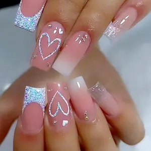 Heart Pattern Glittering Fake Nails with Nail File & Tape, Square False Nails for Women & Girls DIY Nail Art Design, Effortless Press on Nails Manicure