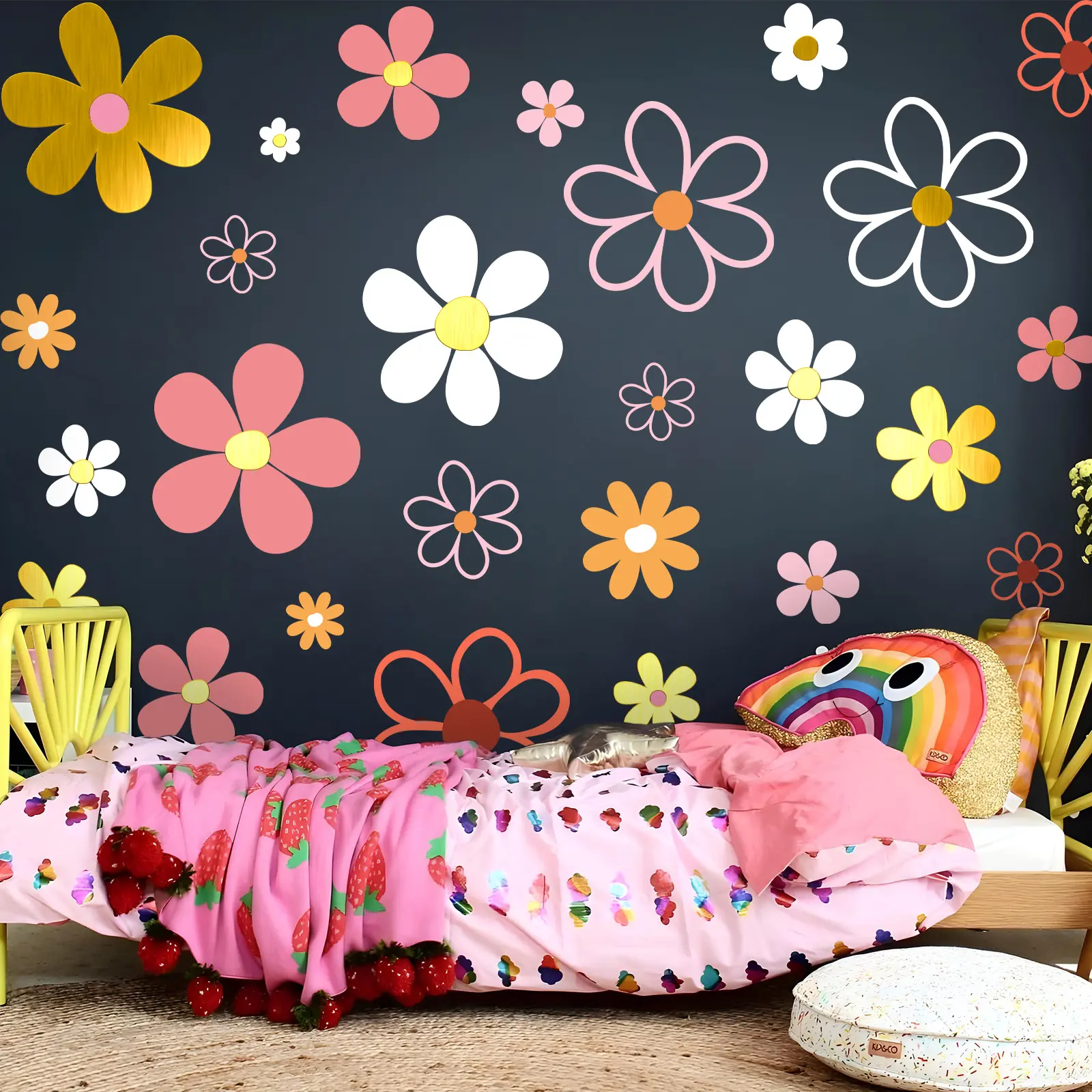 12Pcs/Set (3030cm12pcs) Pink Gold Foil Daisy Wall Stickers, INS Style Decor for Girls Kids Room Bedroom Living Room
