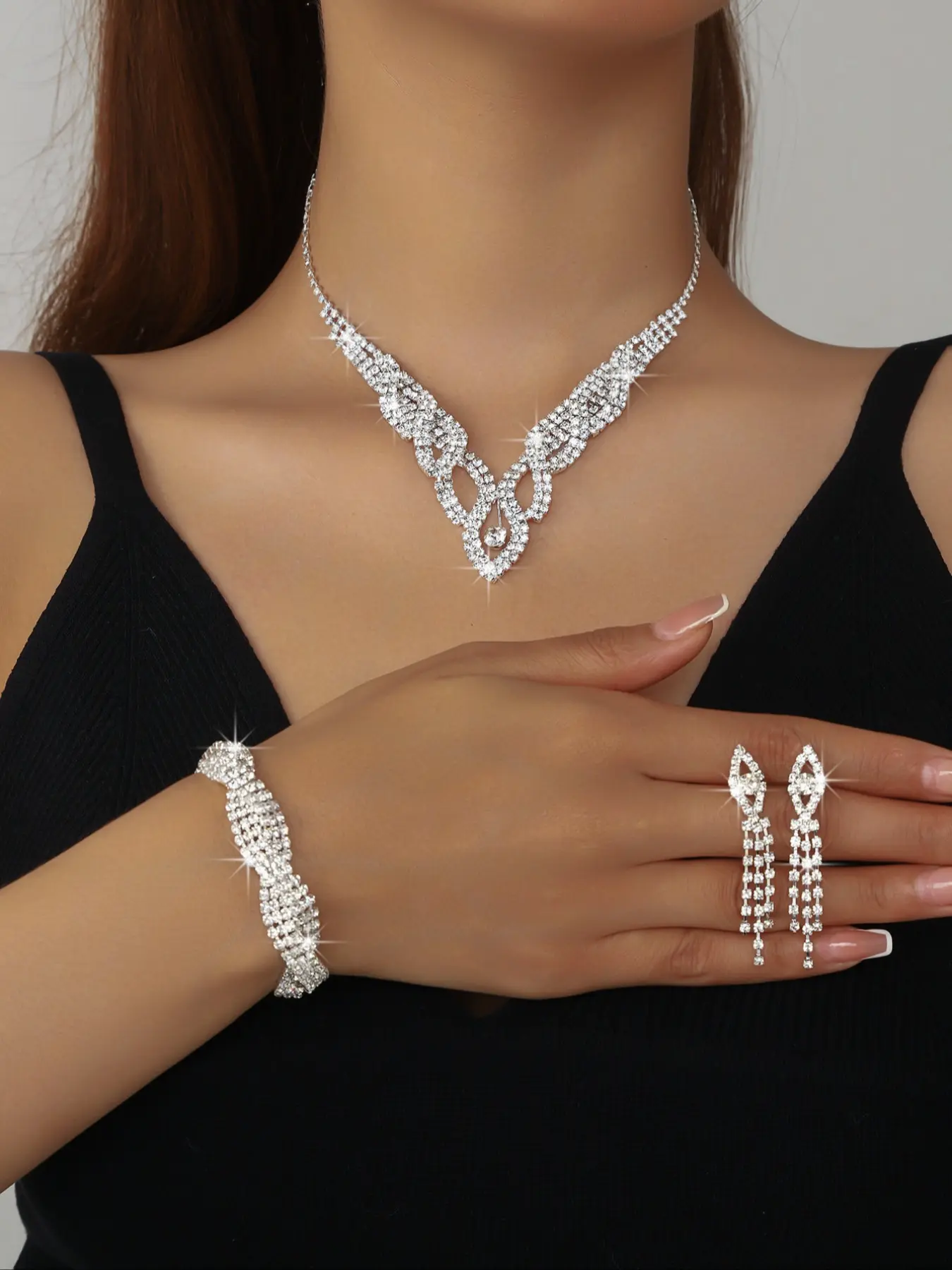 Elegant Rhinestone Jewelry Set for Women, Necklace Bracelet Earrings Trio, Sparkling Crystal Accessories for Parties & Special Occasions